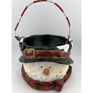 Vintage Holiday Home‎ Seasonal Decorative Handcarved Christmas Snowman Basket